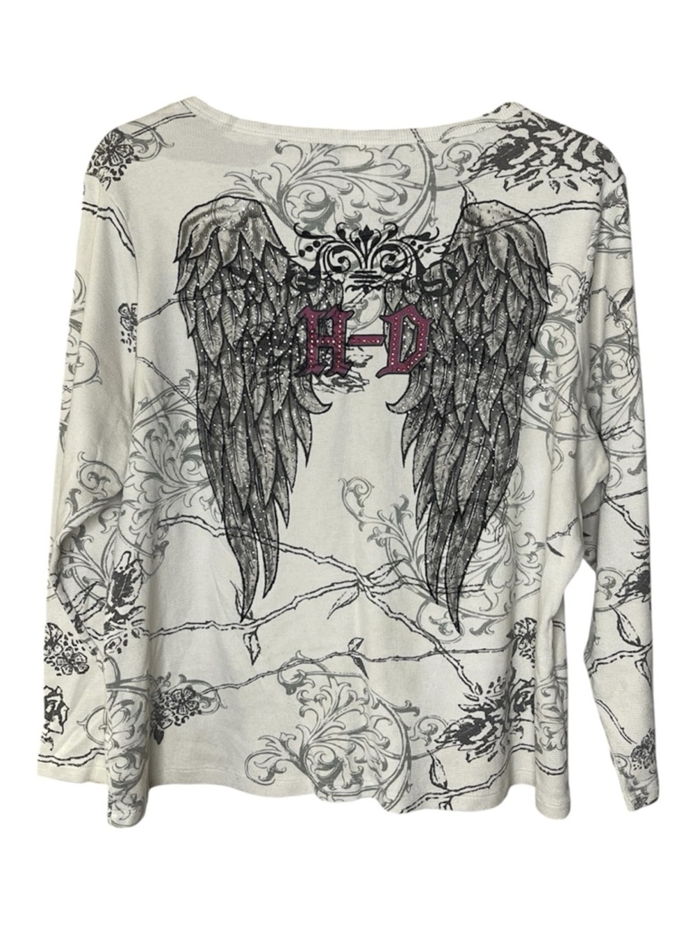 Harley-Davidson White 3/4 Sleeve Tee with Rhinestones and Wings Sz 2X - Picture 3 of 8